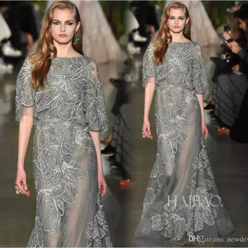 Elie Saab 2020 Evening Dresses Grå Blå Lång Lace Gorgeous Prom Gäster En Linje Bateau Neck Half Långärmad Kändisparty Klänning