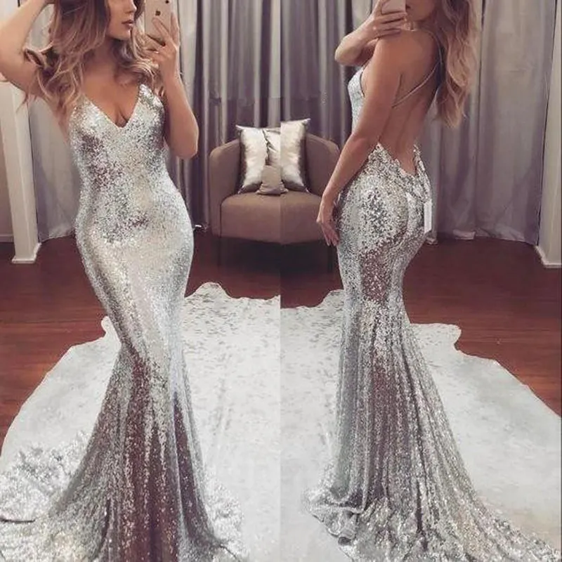 Nieuwste V-hals Mermaid Silver Lange Avondjurken Sequin Elegant Backless Formal Evening Jurken Prom Dresses Vestido de Noche