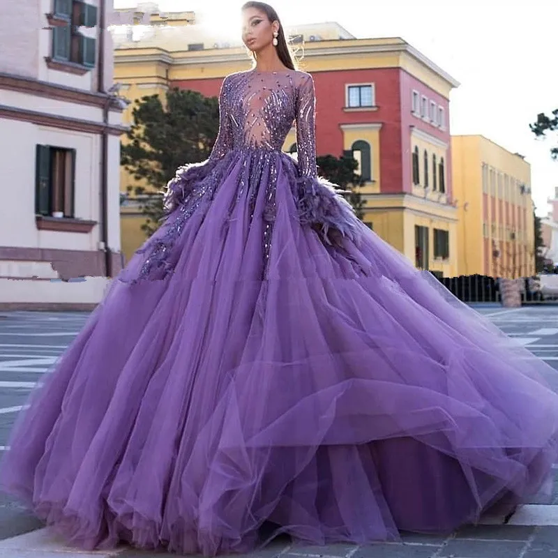 Robe de soirée en plumes violettes, tenue de bal arabe, manches longues, en Tulle, bouffante, douce, pour fête d'anniversaire, pour femmes