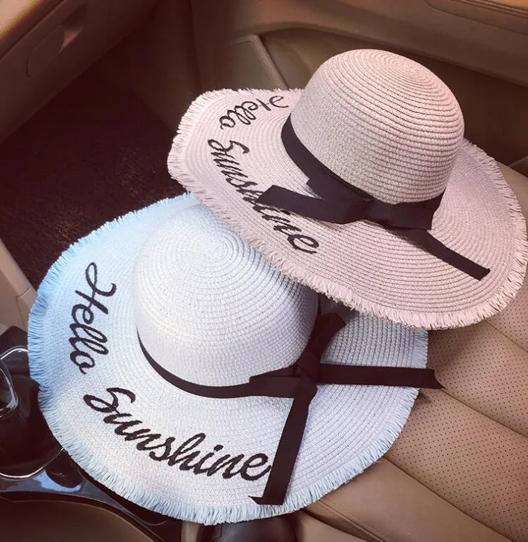 Lettera personalizzata Ricamo Hello Sunshine Cappello da spiaggia con frange Cappello di paglia estivo per donna Cappello floscio nautico da luna di miele