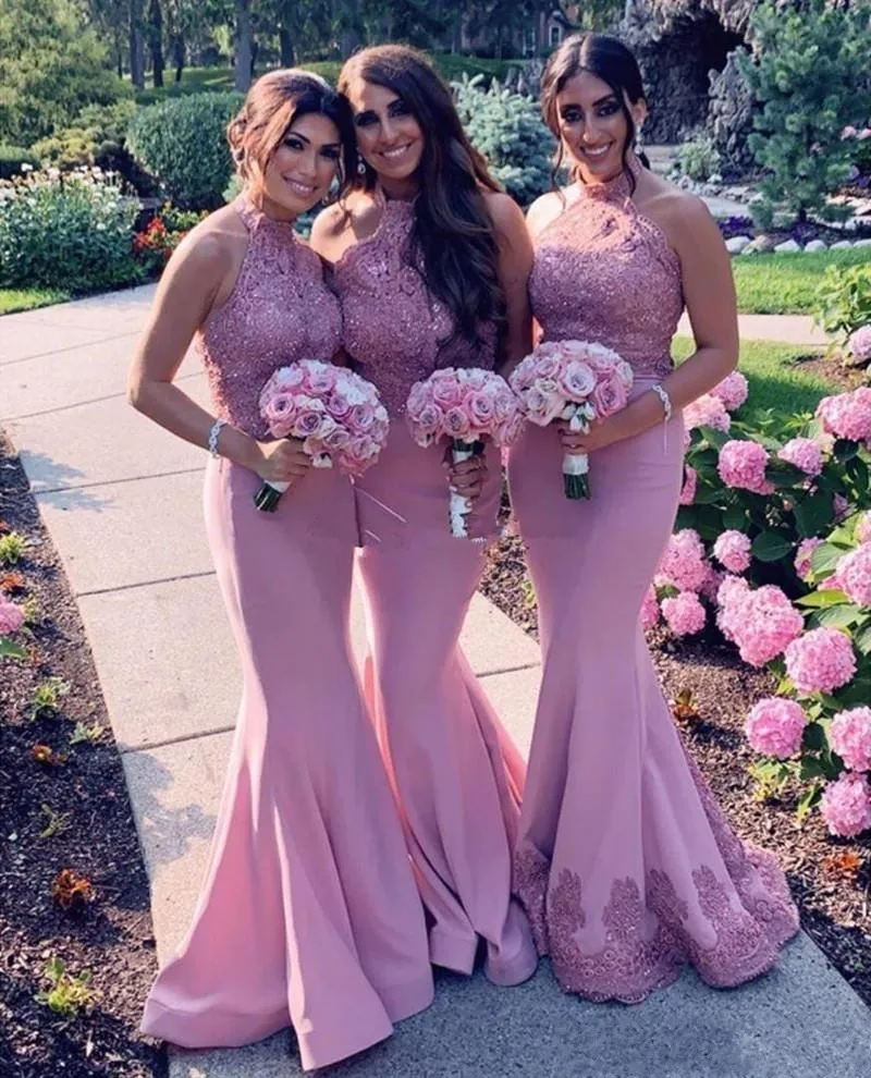 Pink Mermaid Bridesmaid Dresses Long 2021 Halter Arabic Lace Party Wedding Guest Dress Backless Sweep Train Maid Of Honor Gowns AL5230