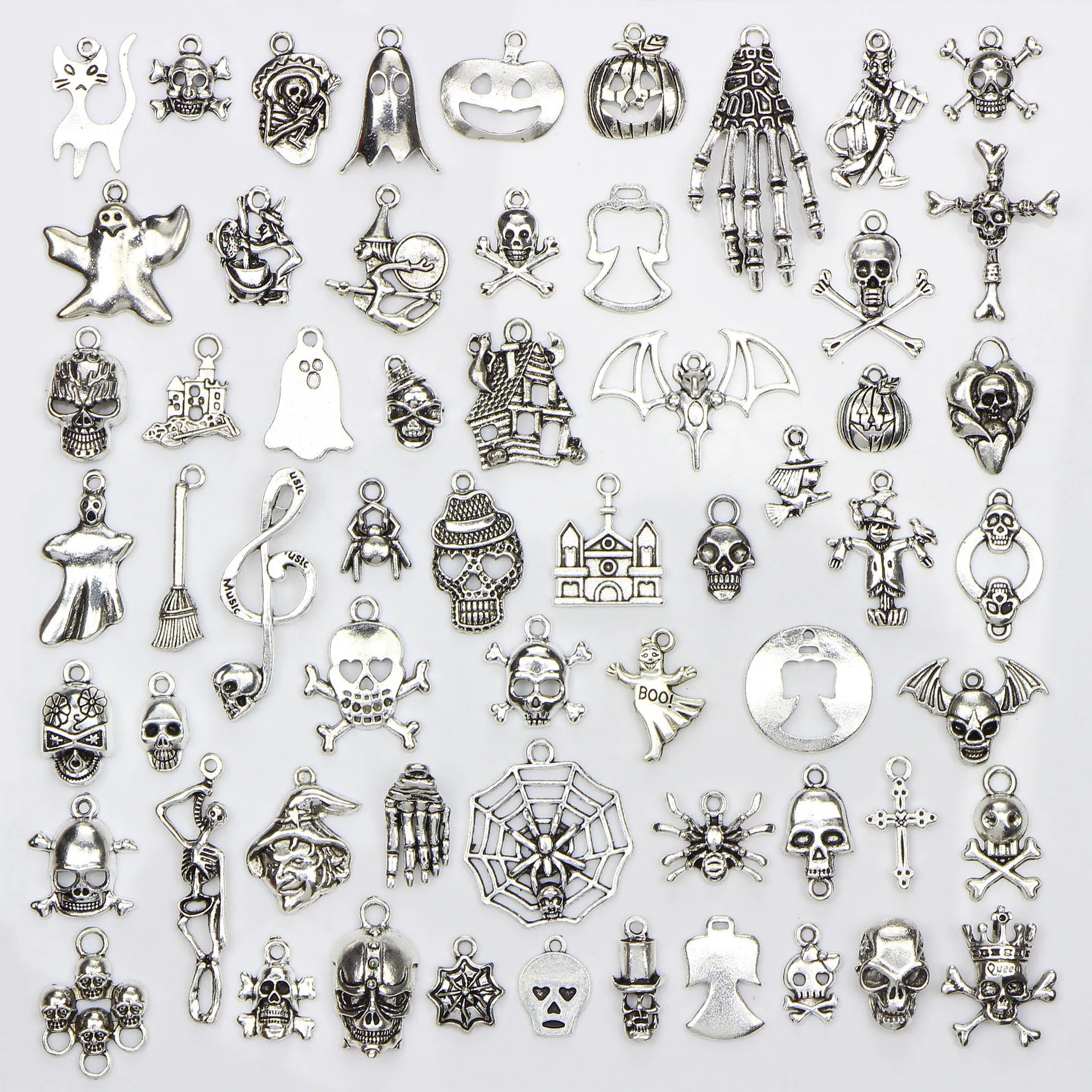 Assorted 60 Designs Halloween Charms Skull Skeleton Hand Spider Bat Ghost Witch Pendants Diy Jewelry Making 60pcs/bag