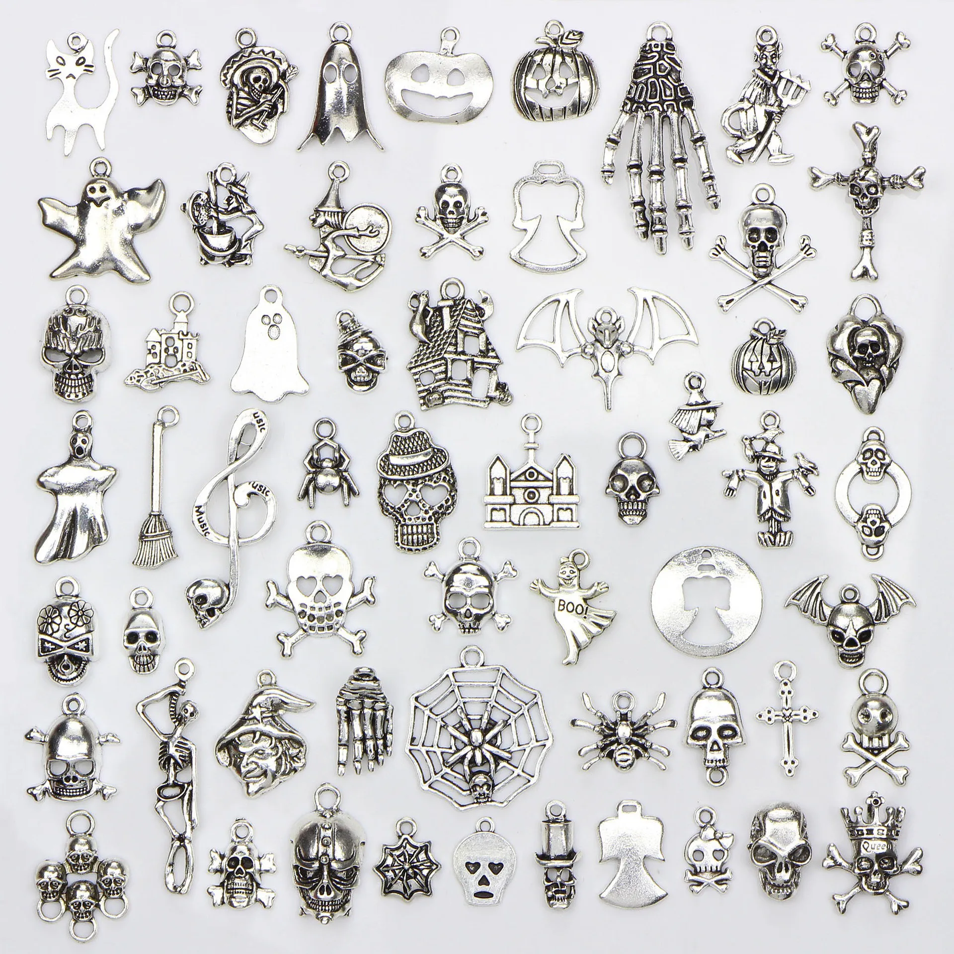 diverse 60 Ontwerpen Halloween Charms Skull Skeleton Hand Spider Bat Ghost Heks Hangers Diy Sieraden Maken 60 stks/zak