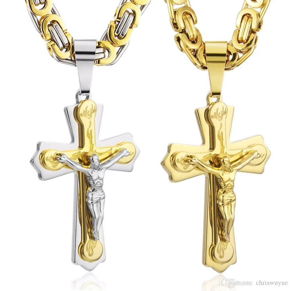 New Stainless Steel Necklace Pendant Burning Flame Cross Jesus Christian Jewelry Byzantine Chain Silver Gold Color for Men