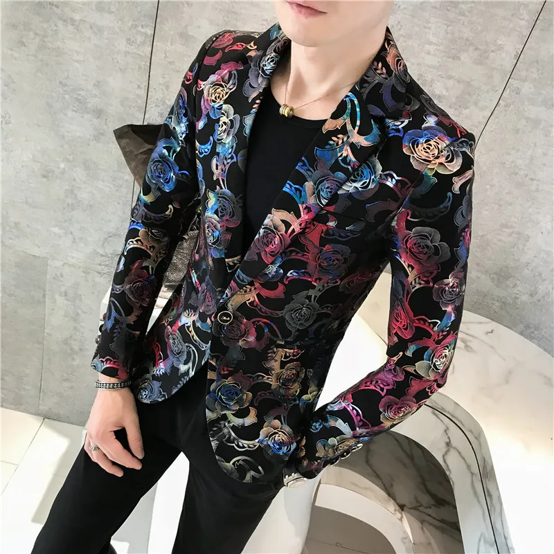 2020 Mannelijke Pak Blazer Bloem Goud Print Party Bruiloft Festival Stijlvolle Blazers voor Mannen Podiumkostuums Zangers Slim Fit Jas