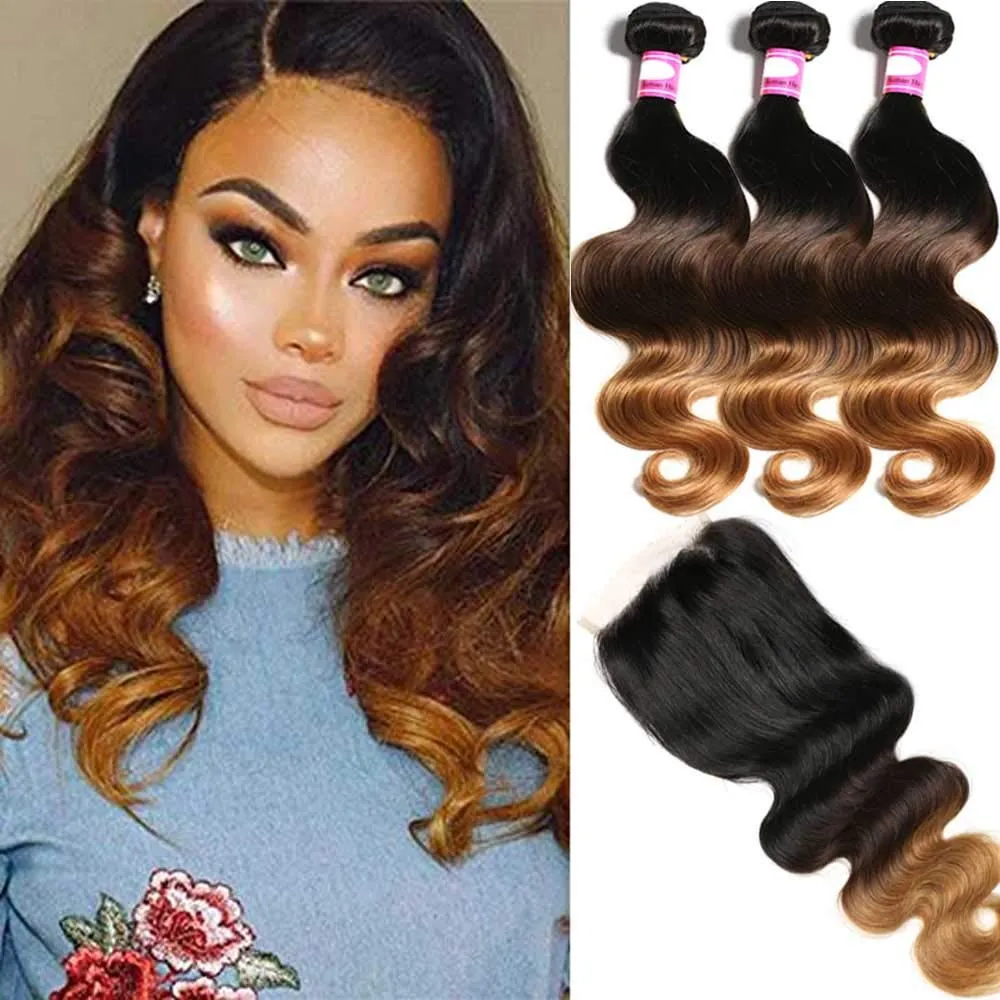 Brazilian Ombre 1b/4/30 Body Wave Human Hair Weaves with Lace Closure Human Hair Weaves Ombre 3 Tones Color Hair Extensions