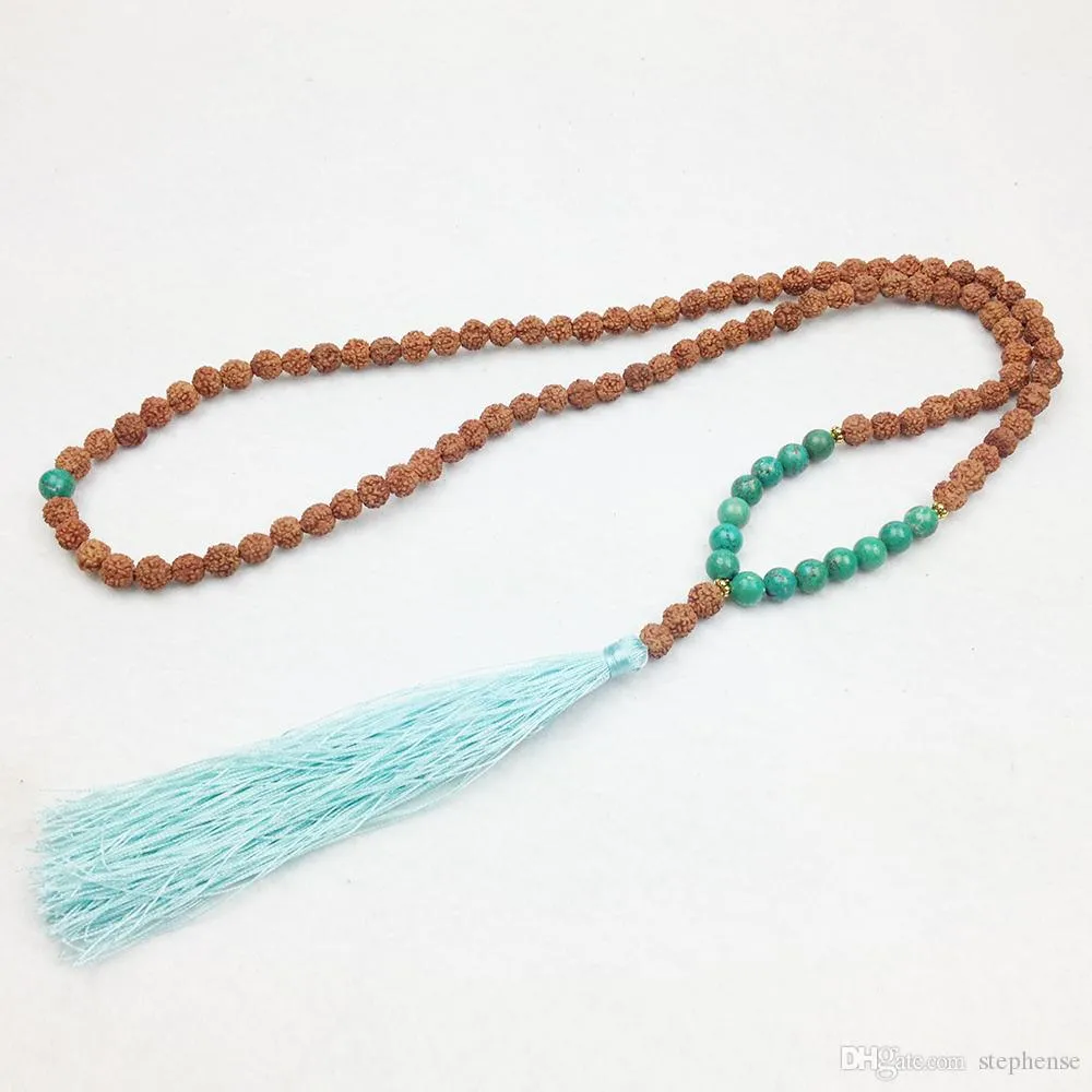 ST0246 Turquoise 108 Mala Beads Necklaces Third Eye Chakra Necklace Bohemian Tassel Necklace Knotted Stone Jewelry