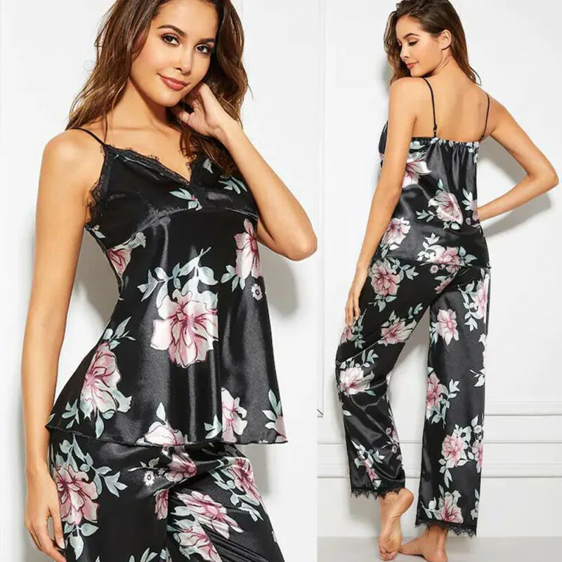 Women s Silk Satin Pajama Sets Sleeveless Lace Floral PJs Comfy Black Sleepwear for Ladies