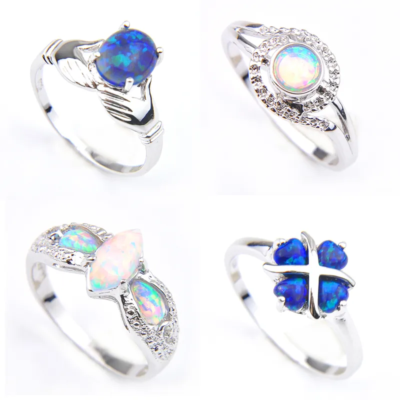 Luckyshine Anel de Casamento 4 Pcs Clássico quatro Estilo Azul Branco Opala de Fogo Gemstone 925 Anéis de Flor de Prata para As Mulheres Presentes de Festa de Casamento