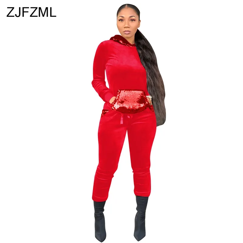 Womens Velvet Sweatsuit With Sequins Full Sleeves Hooded