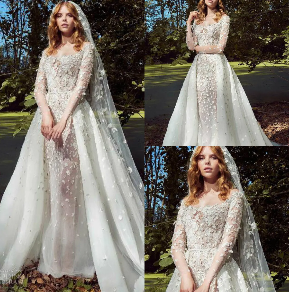 Zuhair Murad Wedding Dresses 2019 오버 킷 긴 소매 레이스 신부 가운 스쿠프 넥 스윕 기차 플러스 사이즈 웨딩 드레스 사용자 정의