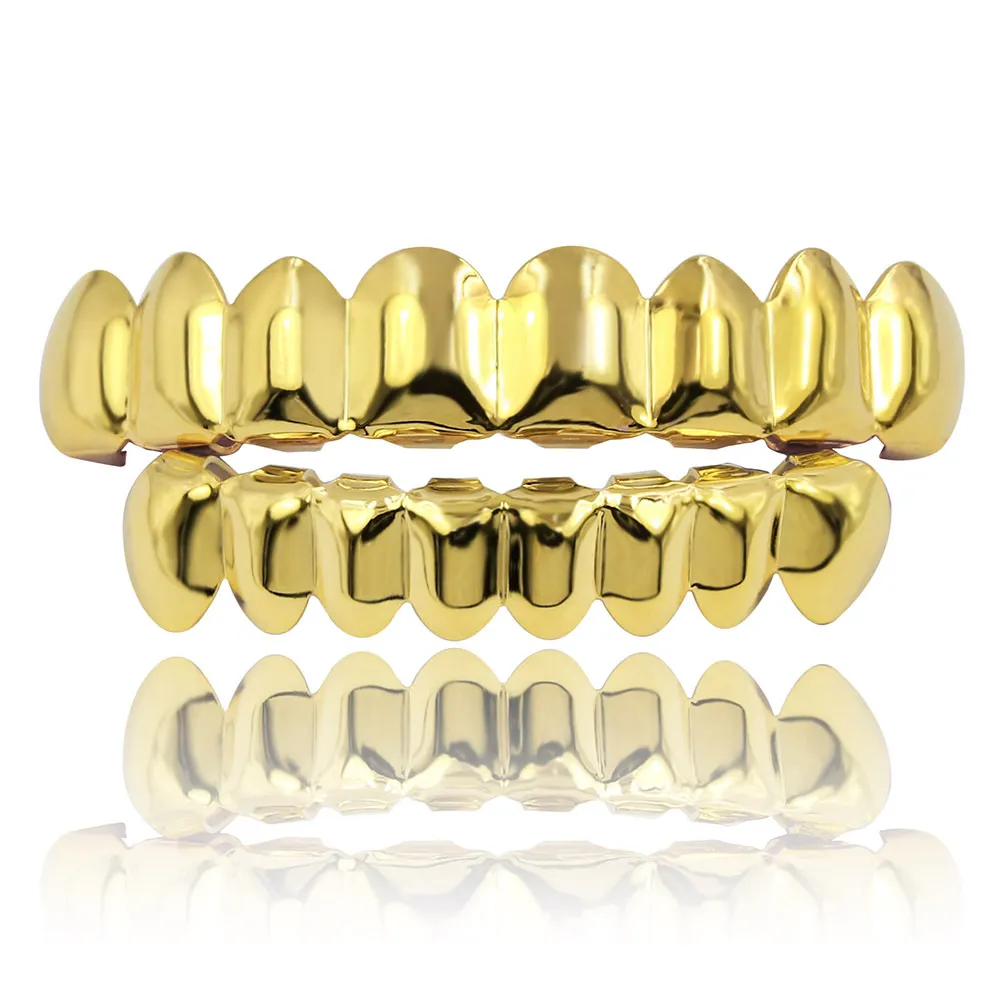 Banhado a ouro 18K Acabamento de Ouro 8 dentes superiores e 8 Hip dente inferior Hop Boca Grills Set