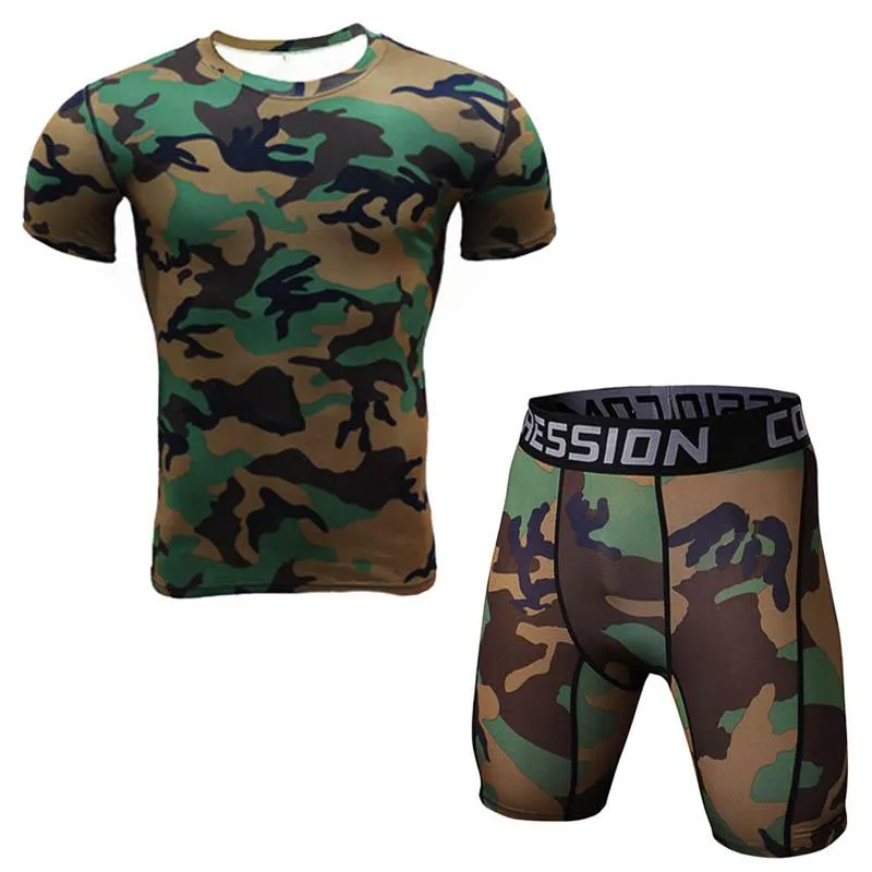 Polyester hommes t-shirt et collants ensemble de compression Fitness entraînement Camouflage impression 3d Mma Rashguard Crossfit gymnases vêtements tendance