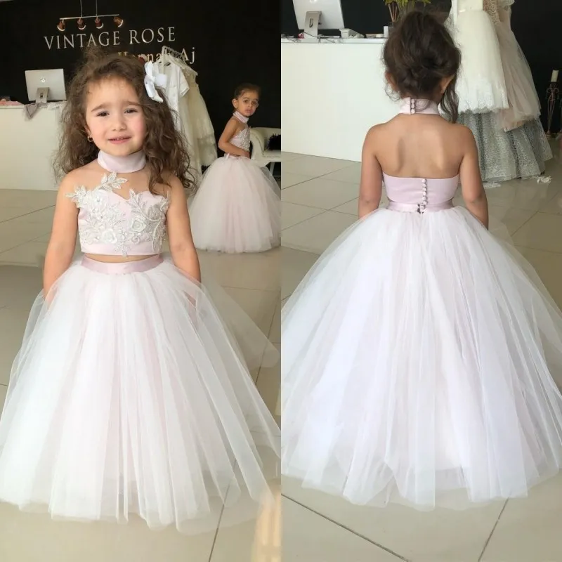 2020 New Flower Girls Dresses Halter Neck Lace Appliqued Crop Top A Line Ivory and Pink Sexy Two Pieces Little Girls Pageant Dresses