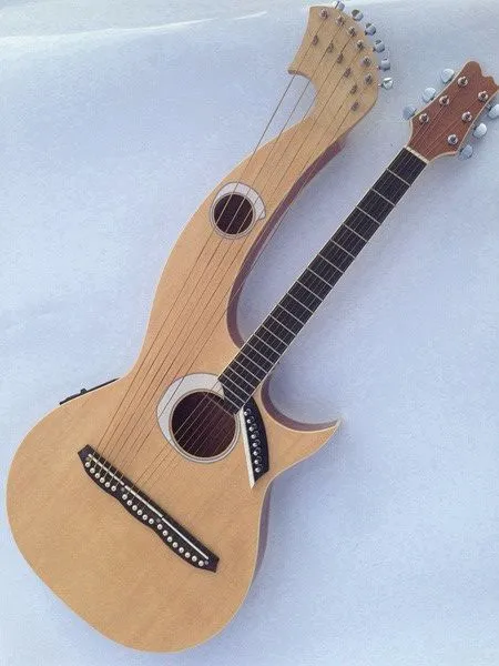 Zeldzame harp gitaar 6 6 8 string natuurlijke hout akoestische elektrische gitaar dubbele hals gitaar