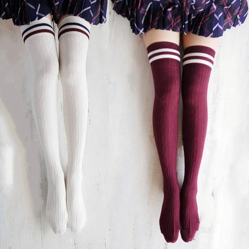 3 paia / lotto calze autoreggenti in cotone caldo calze da donna taglie forti sopra il ginocchio calze lunghe meias tubo a strisce nere all'ingrosso