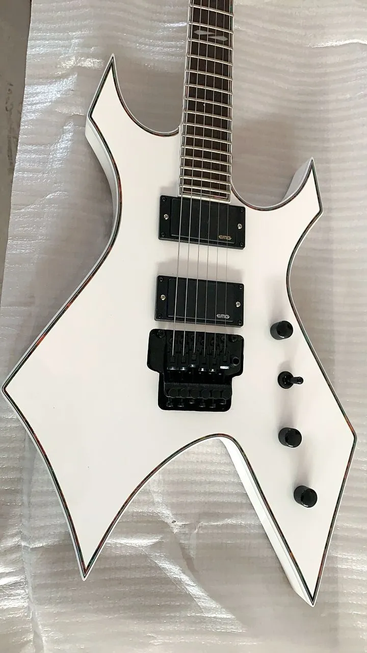 Rare 24 Frets Rich Warlock White Electric Guitar Floyd Rose Tremolo ، EMG Active Pickup 9V Battery ، Abalone Body Binding ، Black Hardware