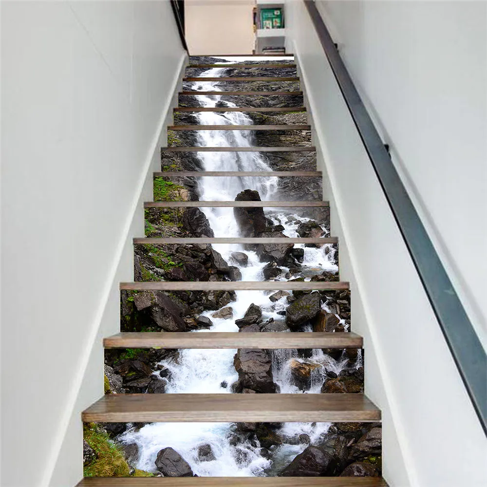 13pcs/set DIY 3D Waterfall Stair Stickers Waterproof Removable Self adhesive Wall Floor Decals Mural Sticker Home Decor Stairway