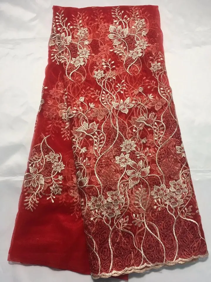 5Yards / pc 뜨거운 판매 붉은 꽃 디자인 프랑스 그물 레이스 직물과 금 실크 자수 아프리카 메쉬 레이스 드레스 QN96 - 8
