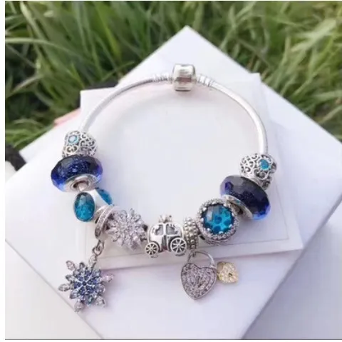 Mode christm stil charm armband 925 sterling silver murano glas europeiska charm pärlor passar armband blå snöflinga dingle diy smycken