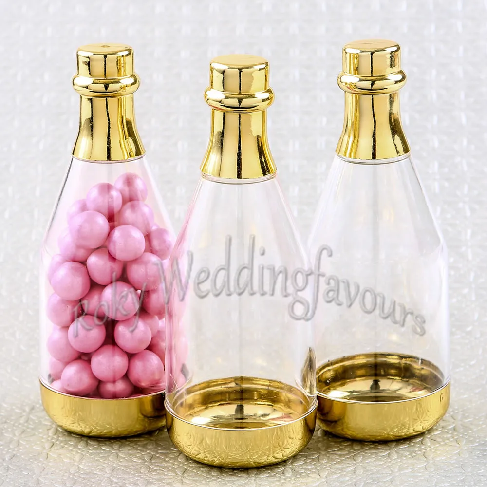 12PCS Gold Plastic Champagne Bottle Favors Birthday Party Candy Boxes Bridal Shower Anniversary Supplies