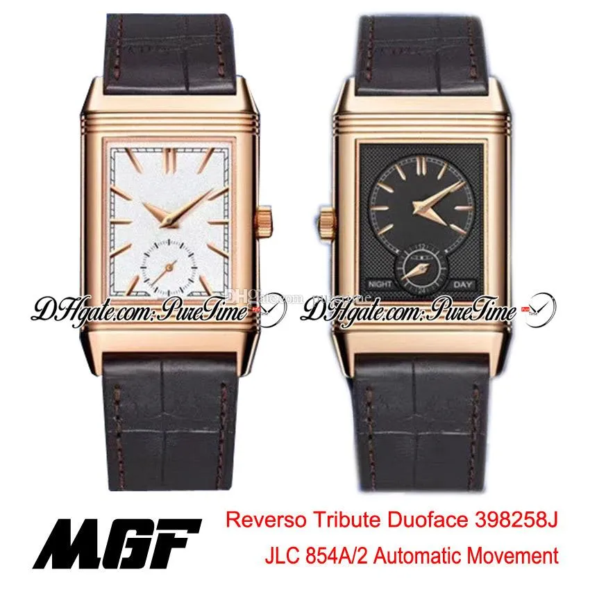 MGF Reverso Tribute Duoface 398258J JLC 854A / 2 Otomatik Erkek İzle Gül Altın Beyaz Gri Dial Kahverengi Deri Kayışı Yeni Puretime 01C3