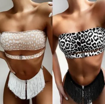 Sport Bikinis Set Leopard High Waist Print Hängande Neck Snake Fringe V-Neck Joint Badkläder Kvinnors Split Badkläder Yakuda Släpp accepteras