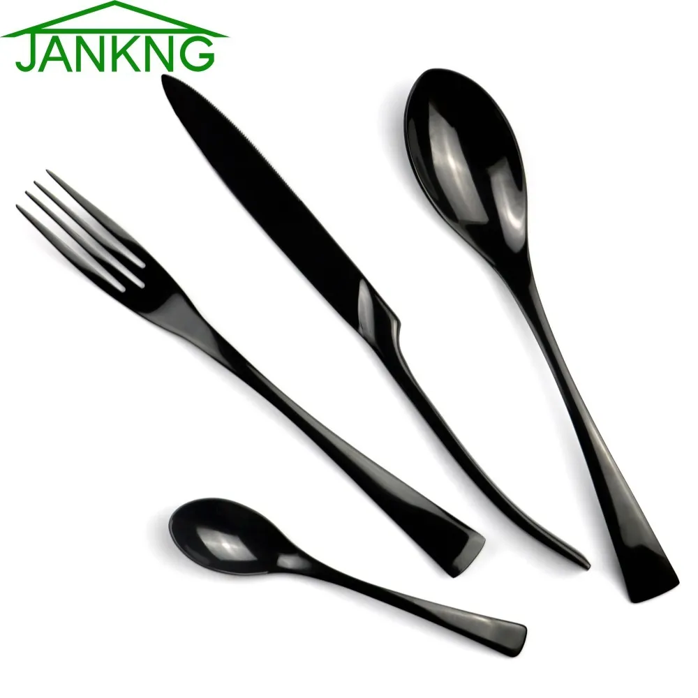 JANKNG 4Pcs/Lot Black Stainless Steel Dinnerware Polishing Cutlery Set Kitchen Tableware Fork Steak Knife TeaSpoon Dinner Set C18112701