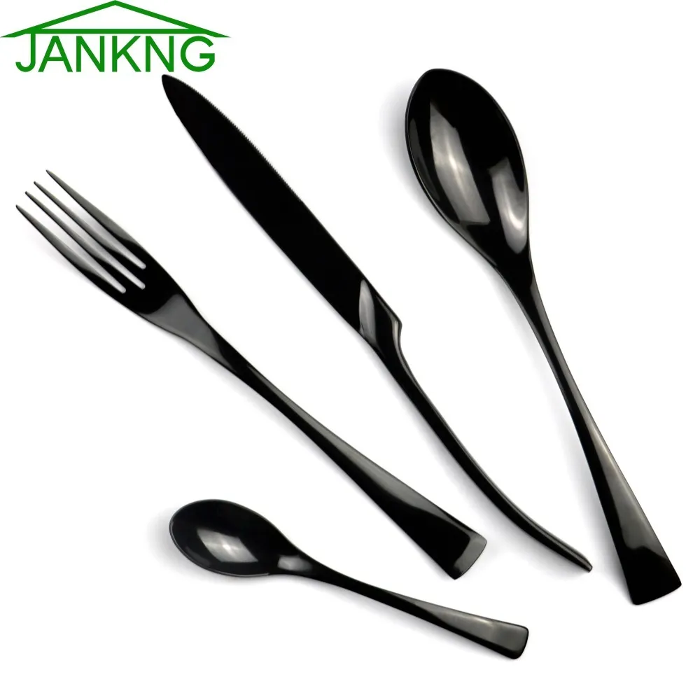 Jankng 4 stks / partij Zwart Roestvrijstalen servies polijsten bestek Set Keuken Servies Vork Steak Mes theelepeltje Diner Set C18112701