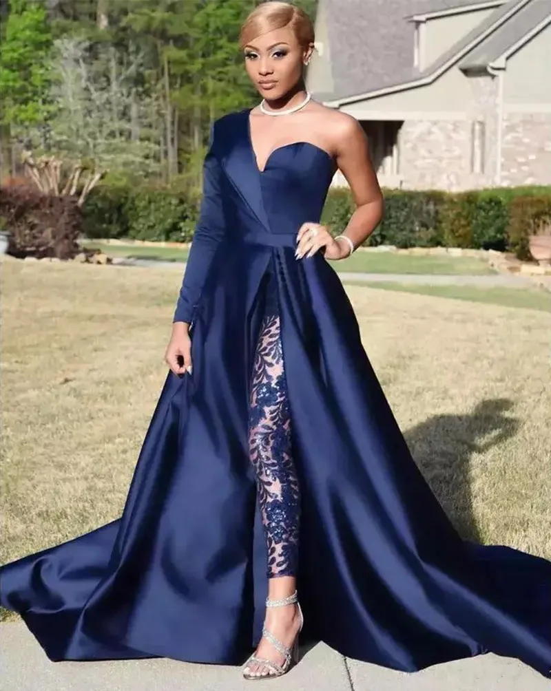 Elegante één schouder prom -jurken afneembare rok twee stukken blauwe jumpsuits avondjurken zijspleet broek broek suit beroemdheden feestkleding