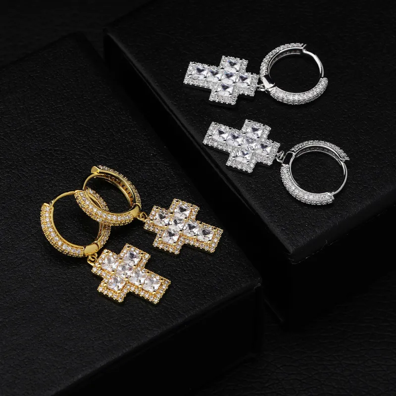 Hip Hop Square CZ Stone Paved Bling Ice Out Cross Earring for Men Women CZ Earrings Male Fashion Jewelry
