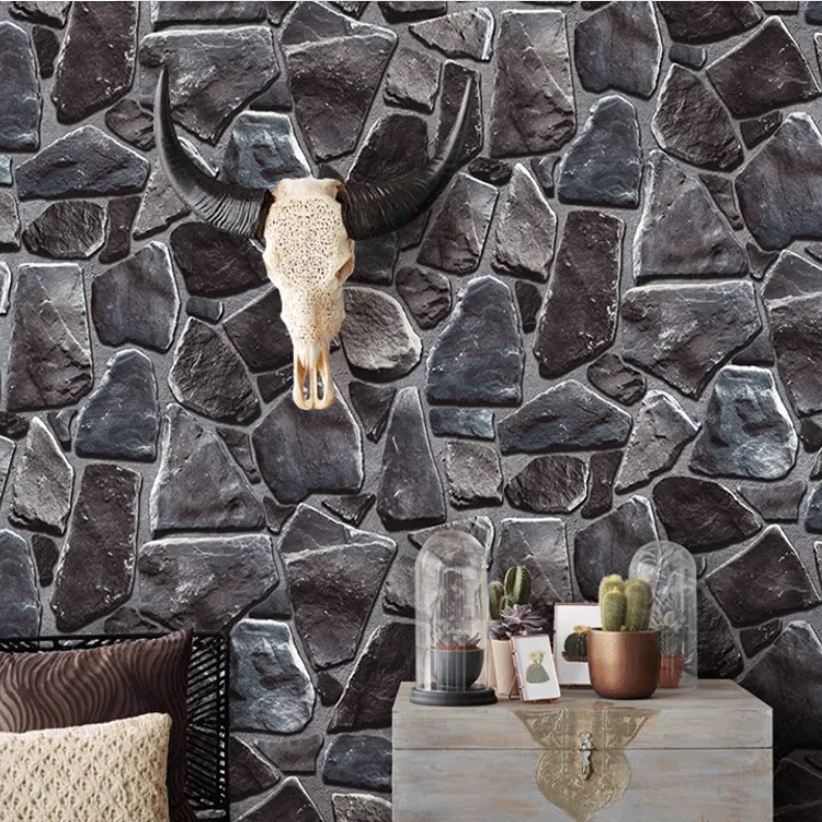 10M Grey Brick Stone Creek Rock Slate Effect Vinyl Wallpaper Roll Rock Wall Background Vintage