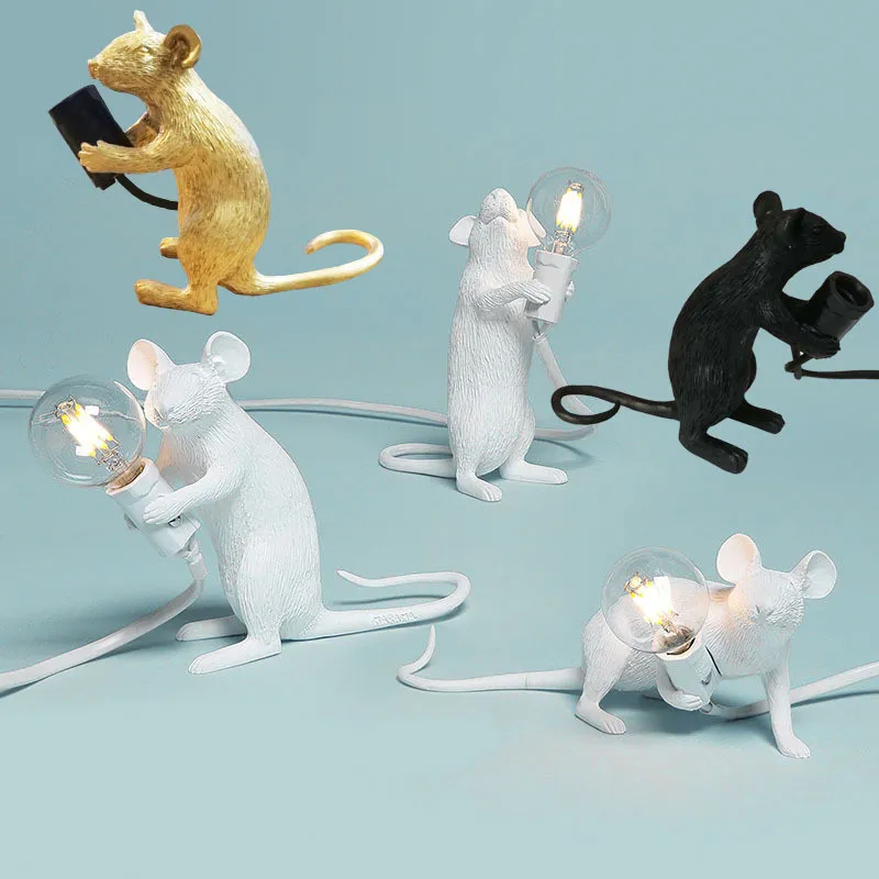 Nordic Resin Rat Mouse Lamp LED Table Lamp Modern Small Mini Golden Mouse Cute LED Desk Lamp Home Decor Desk Lights 110V 240V Night Lights