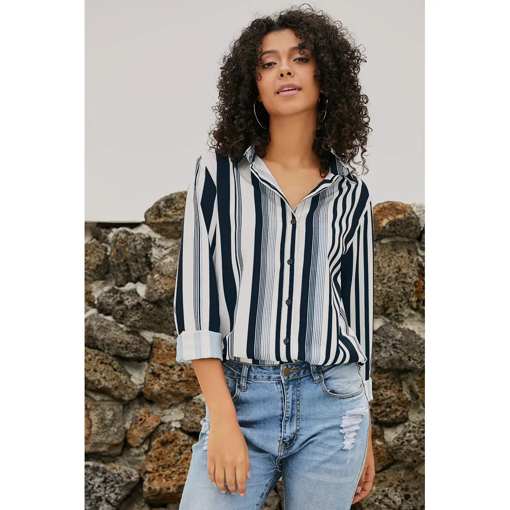 Chemise A Manches Longues Pour Femmes Nouveau Design A Rayures Unique A Revers Simple Boutonnage Grande Taille Europeenne Et Americaine 2019 Du 32 06 DHgate