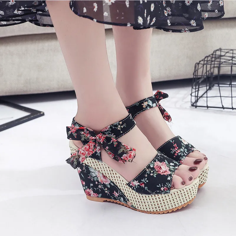 Women Summer Wedge Sandals Female Floral Bowknot Platform Bohemia High Heel  Sandals Fashion Ankle Strap Open Toe Ladies Shoes From Gospurs, $26.52