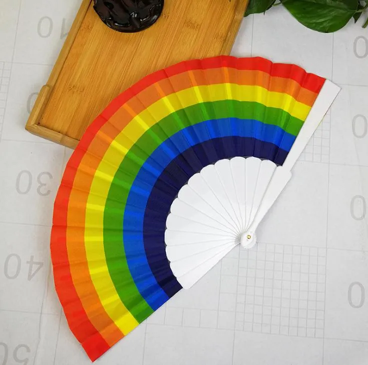 Rainbow hand gehouden vouwventilator zijde vouwen handventilator, vintage stijl regenboog ontwerp gehouden fans voor verjaardag, afstuderen, vakantie SN3227