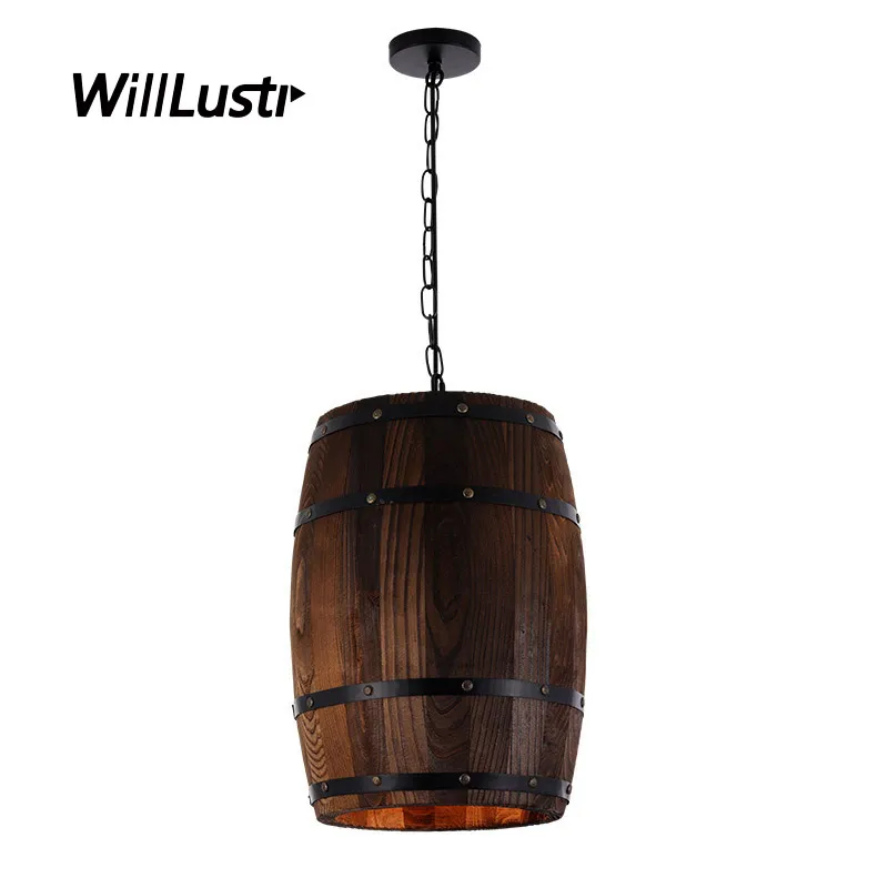 Retro Wood Barile Pendant Lamp Industrial Bucket Suspension Light Hotel Bar Cafe Bistro Loft American Country Wooden Lighting