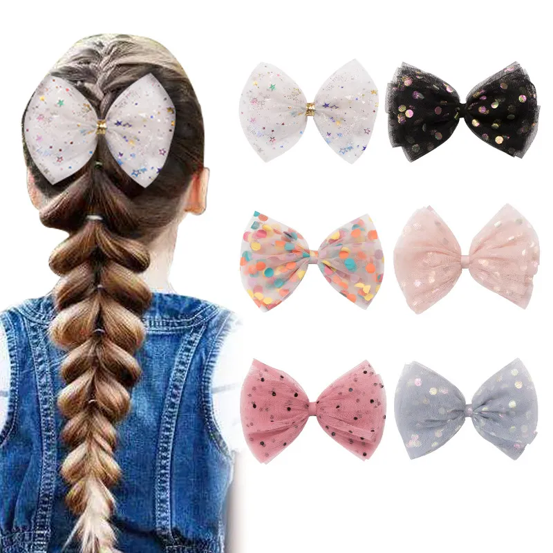 New Baby Color Dot Gauze Hiar Clips Princess Big Bow Hairpins 13cm Cute Kids Bowknots Hair Accessories Wholesale 24PCS