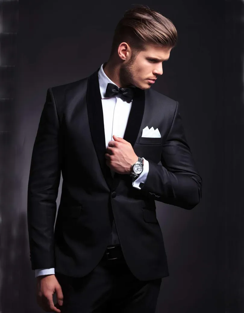 Chegada Nova Groomsmen Preto Noivo Smoking Xaile Black Velvet lapela Men Suits Wedding melhor homem Noivo Blazer (jaqueta + calça + empate) L288