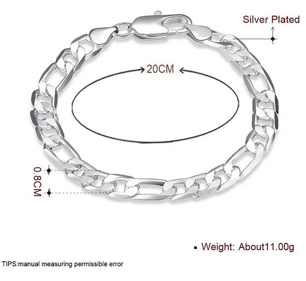 Premium Mens Bracelet: 925 Silver Plated Chain 6-12MM, 20cm. Shop