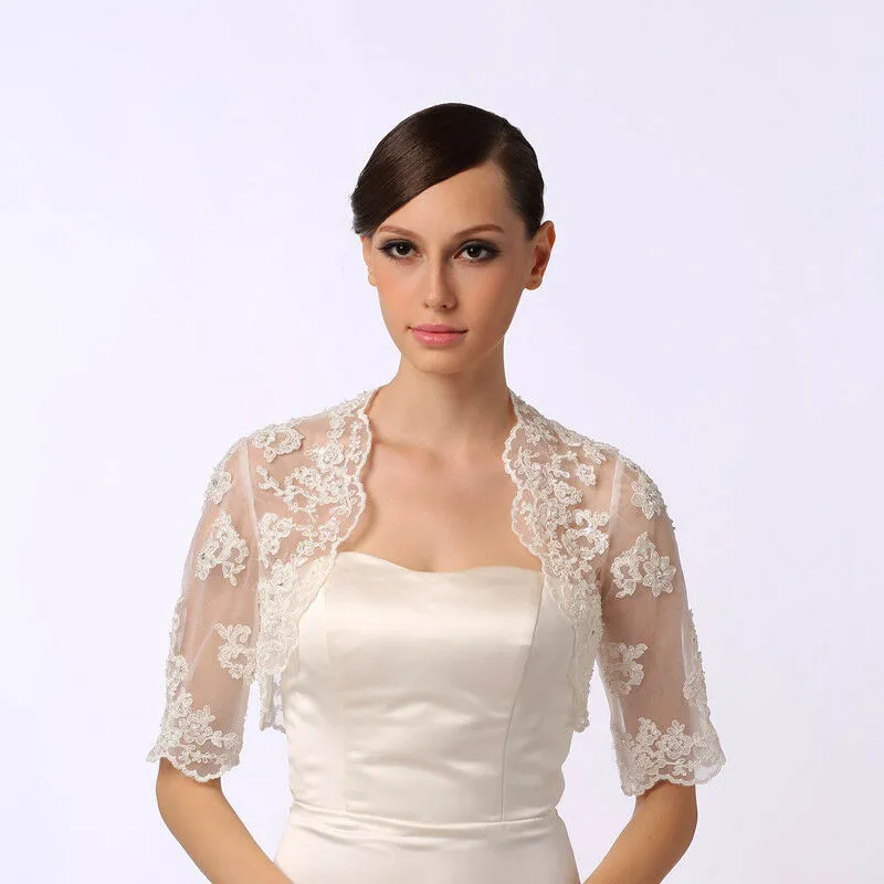 Spitze, lange Ärmel, Bolero, Achselzucken, Stola, Hochzeit, Abschlussball, Partykleid, weiß, elfenbeinfarben, Hochzeits-Spitzenjacke 334Y