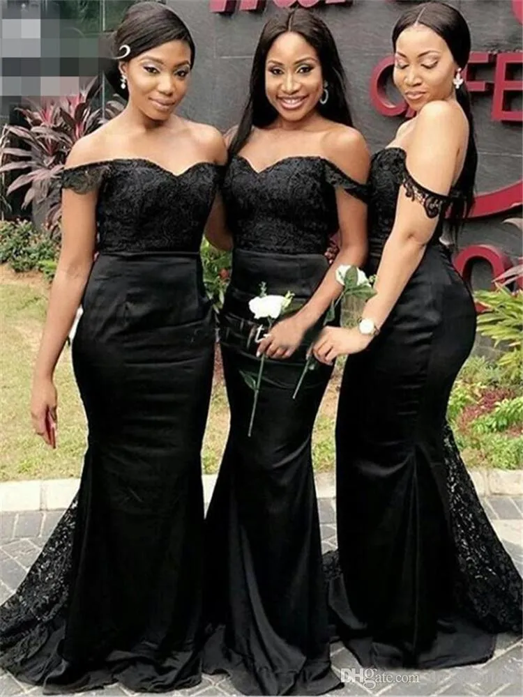 Elegant Black Mermaid Bridesmaid Dresses Plus Size Boat Neck Off Shoulder Lace Applique Floor Length Wedding Guest Dress robe de soiree