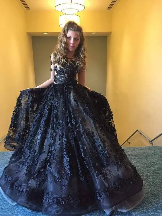 Custom Luxury Black Lace Appliqued A Line Wedding Flower Dresses With Long Sleeves Perfect For Pageants Formal Events And Birthdays From Dressvip 100.38 DHgate.Com