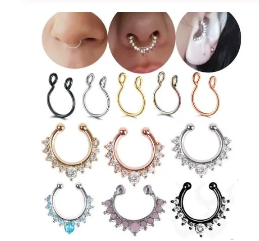 10mm Zircon Fake Septum Piercing Nose Ring Hoop Näsa För Flicka Män Faux Body Clip Ringar Non Body Smycken Non-Pierced GD142