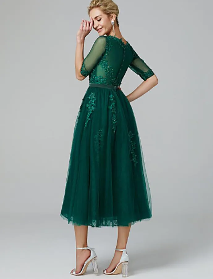 Tulle Green Tea Length Cocktail Dress Dark Green Lace Tulle A-Line Cocktail Windsor  Green Prom