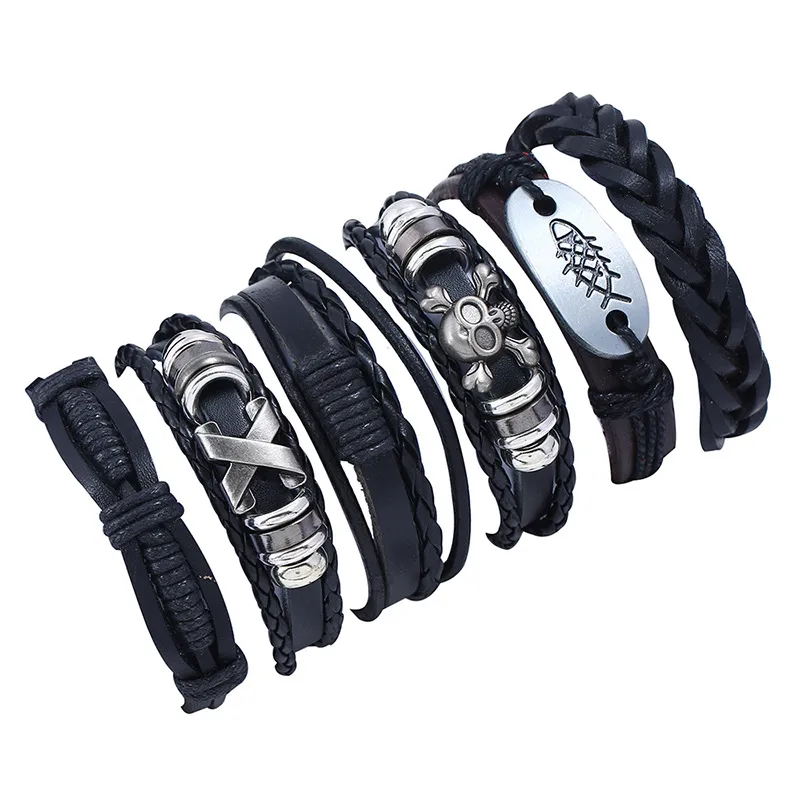 Moda Tecido Pulseira de Couro Jóias Crânio Crânio Cruz Liga Casual Personalidade Personalidade Encantos Vintage Punk Wrap Bangle para Mulheres Presente Preto