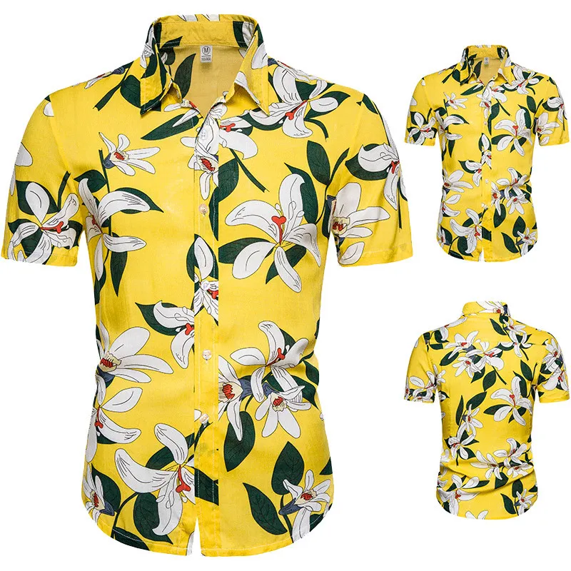 Männer Lässige Hemden Marke Gelb Hawaiian Hemd Männer Blume Drucken Kurzarm Baumwolle Slim Fit Kleid Chemise Homme Camisa Masculina