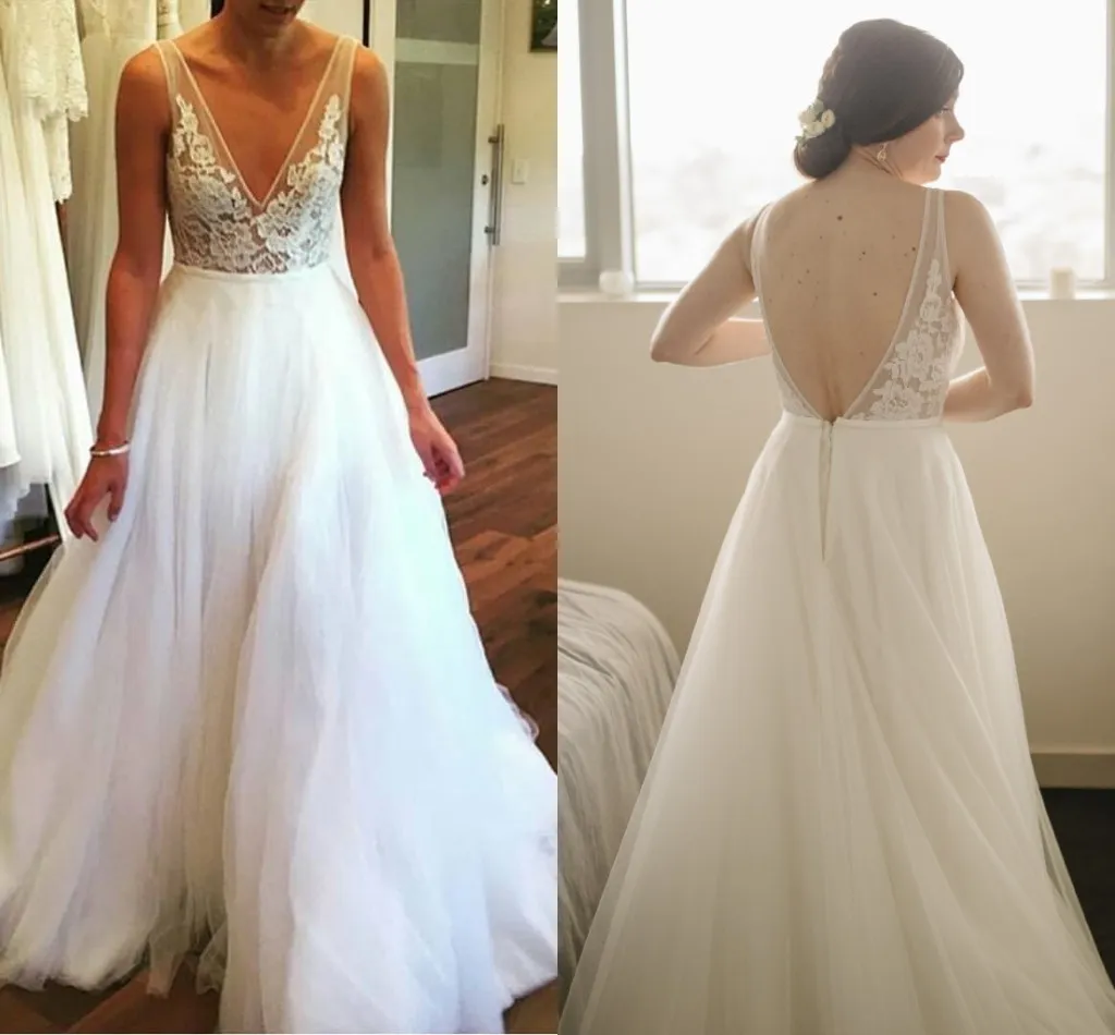 2019 Moda País Vestidos de Casamento Com Decote Em V V Aberto Para Trás Do Laço de Tule Império Cintura Praia Casamento Africano Vestido De Noiva Vestidos de Noiva Berta