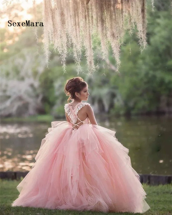 Light Pink Puffy Tulle Girls Dress For Wedding Cross Back Cross
