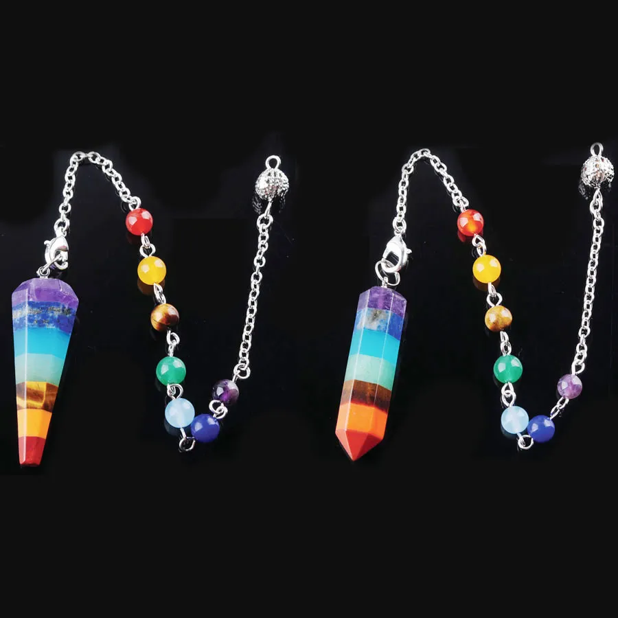 WOJIAER Rainbow 7 Chakra Layered Pendant Necklace Healing Dowsing Reiki Pendulum With Chain BN360